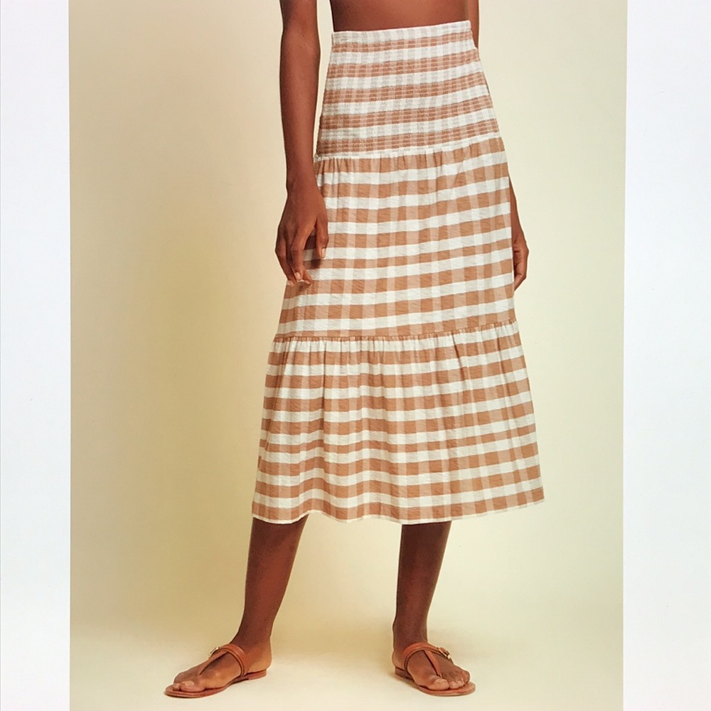 Nation LTD Tan and White Checkered Midi Skirt